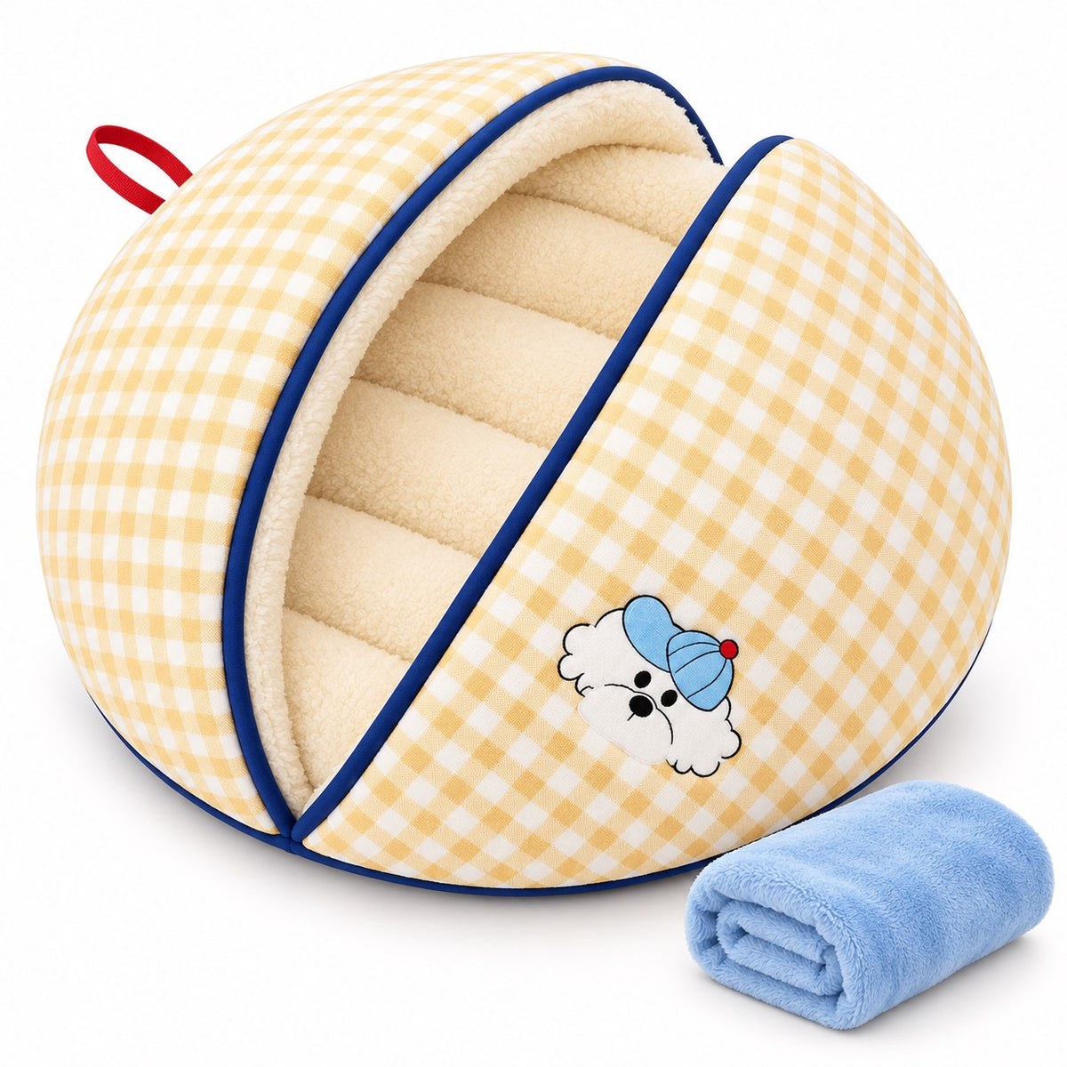Clamshell Dog Bed for Naps - Cream Gingham Bed + Blanket