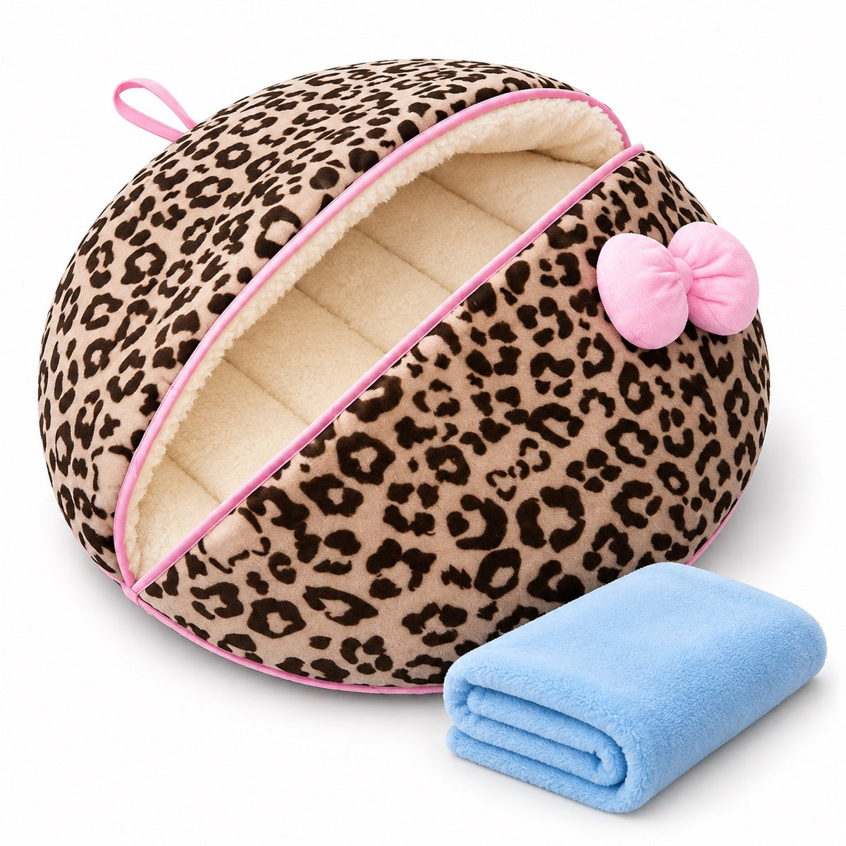 Clamshell Dog Bed for Naps - Leopard Bed + Blanket