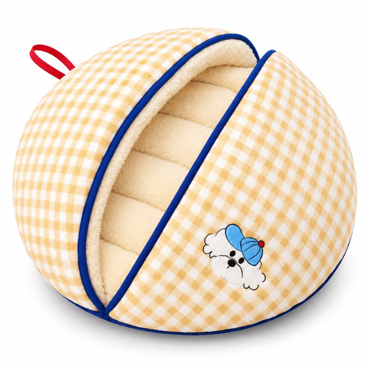 Clamshell Dog Bed for Naps - Cream Gingham Bed