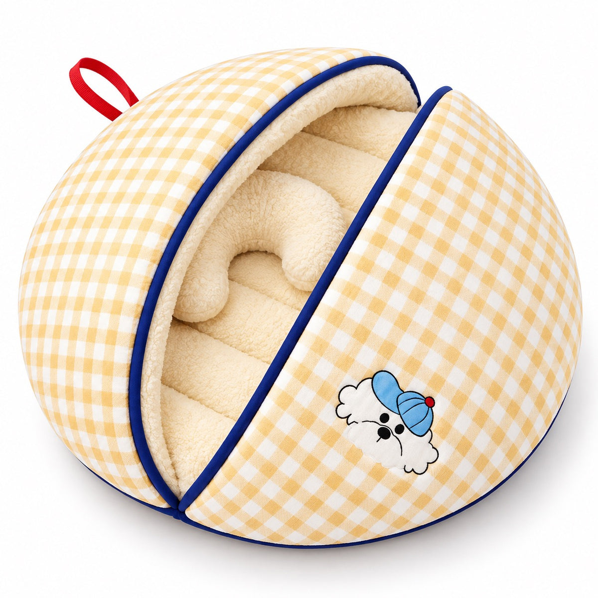 Clamshell Dog Bed for Naps - Cream Gingham Bed + Pillow