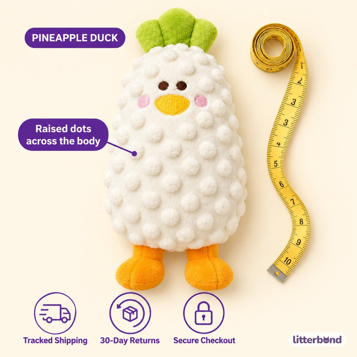 Pineapple Duck Plush for Dog Play - size and details