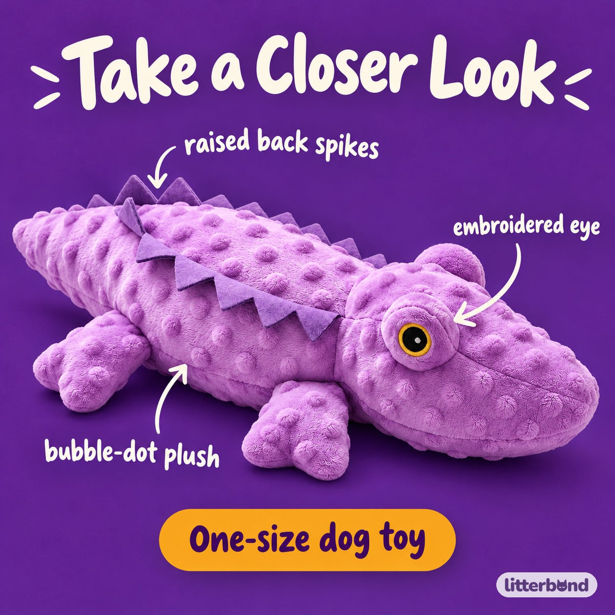Purple Crocodile Plush for Fetch - close-up details