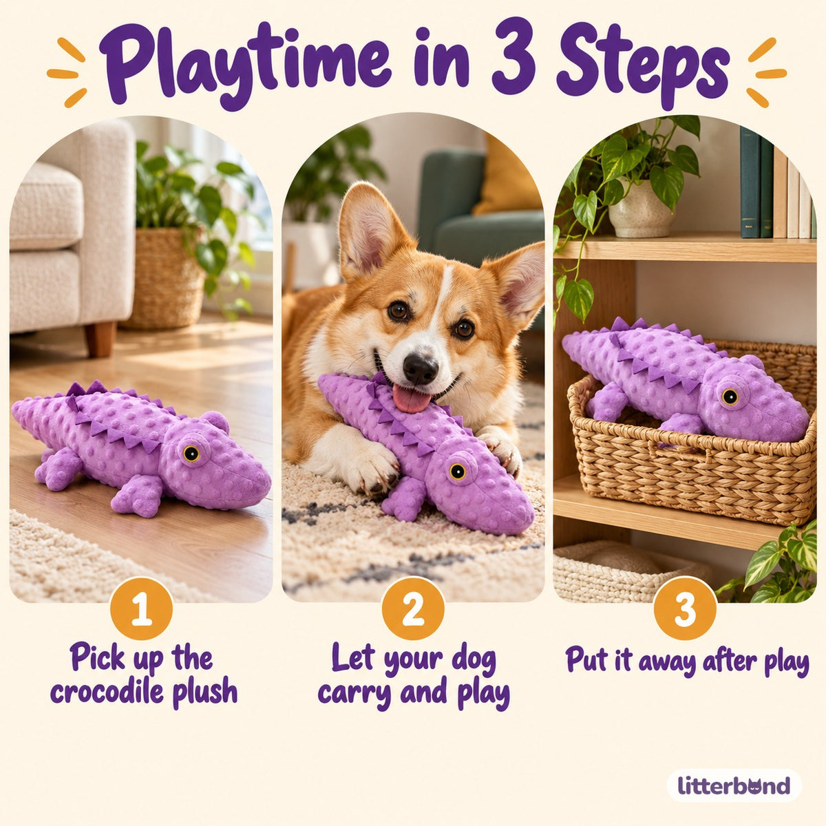 Purple Crocodile Plush for Fetch - how to play