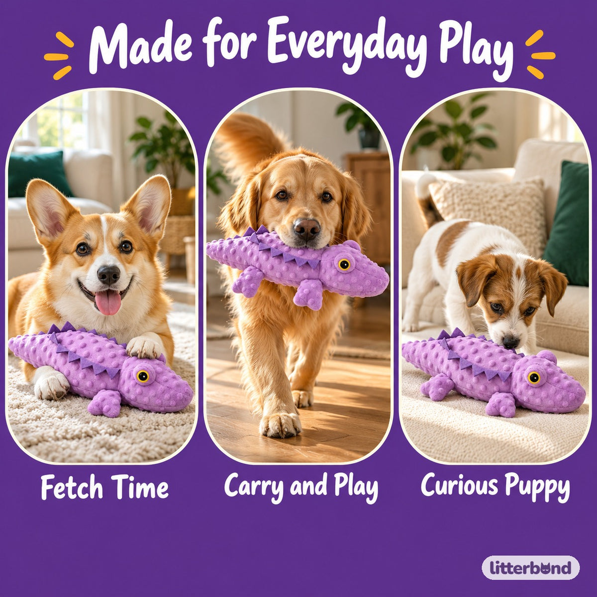 Purple Crocodile Plush for Fetch - playtime at home