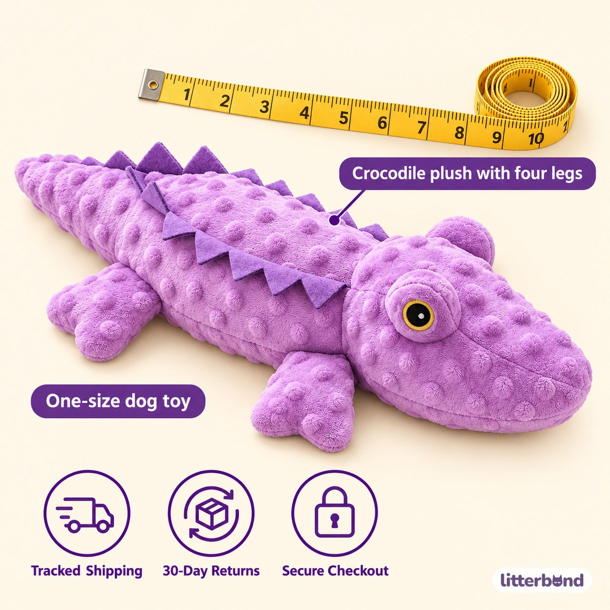 Purple Crocodile Plush for Fetch - size and details