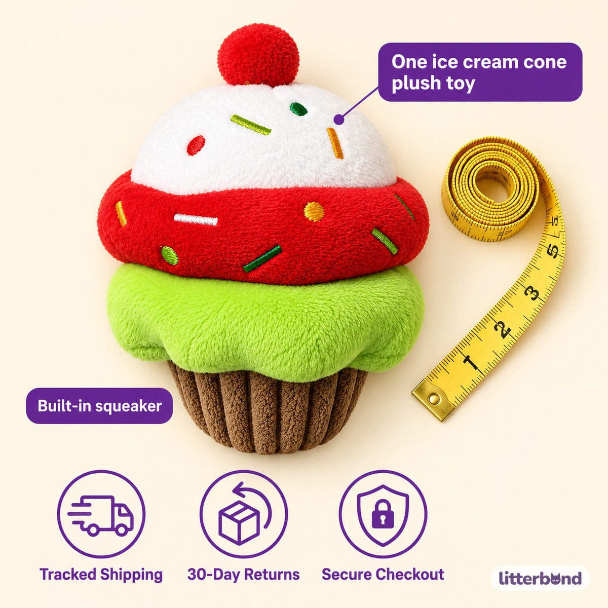 Ice Cream Cone Plush for Fetch - size and details