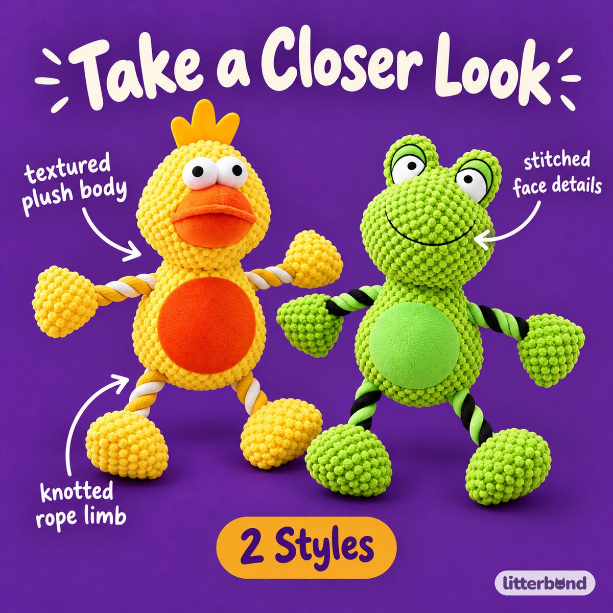 Knotted Frog & Duck Tug Plush - close-up details