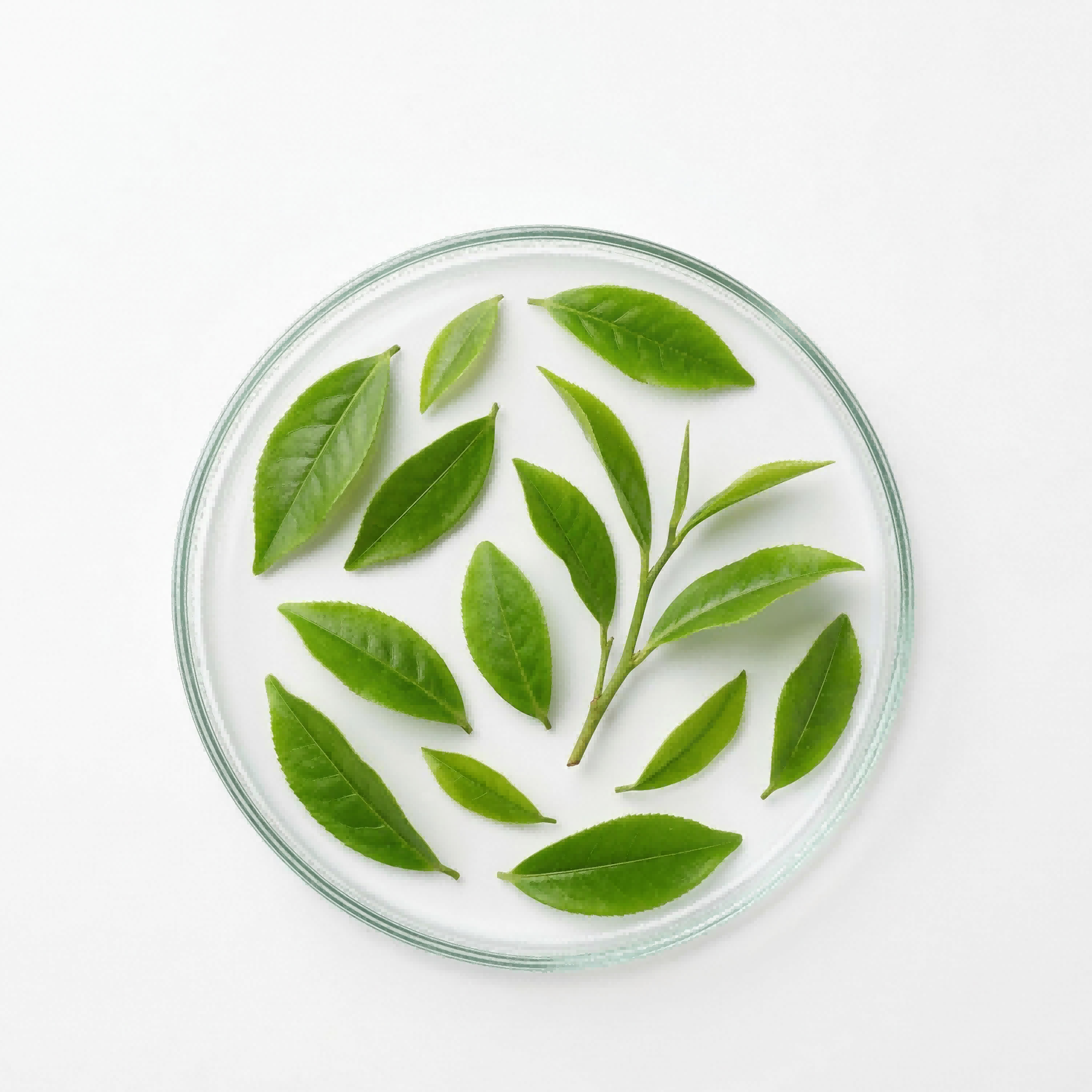 Green leaves in a glass petri dish on a white background