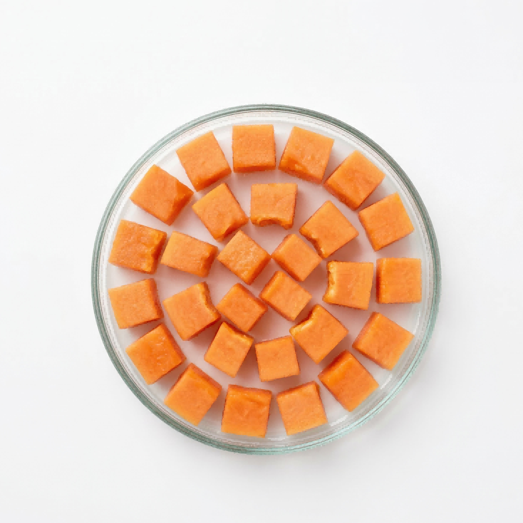 Circular arrangement of orange square objects on a white background