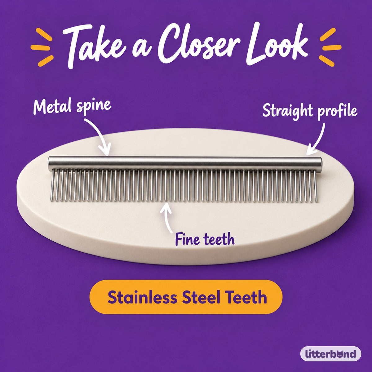 Straight Steel Grooming Comb - close-up details