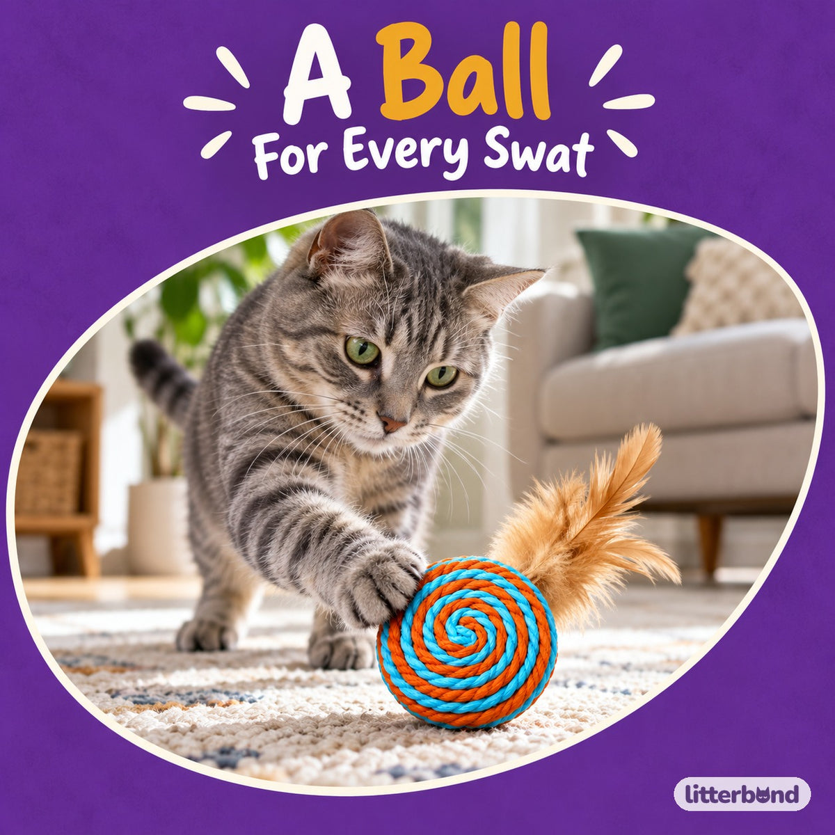 Blue & Orange Paper Rope Ball with a cat