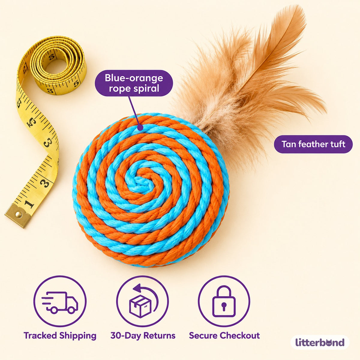 Blue & Orange Paper Rope Ball - size and details