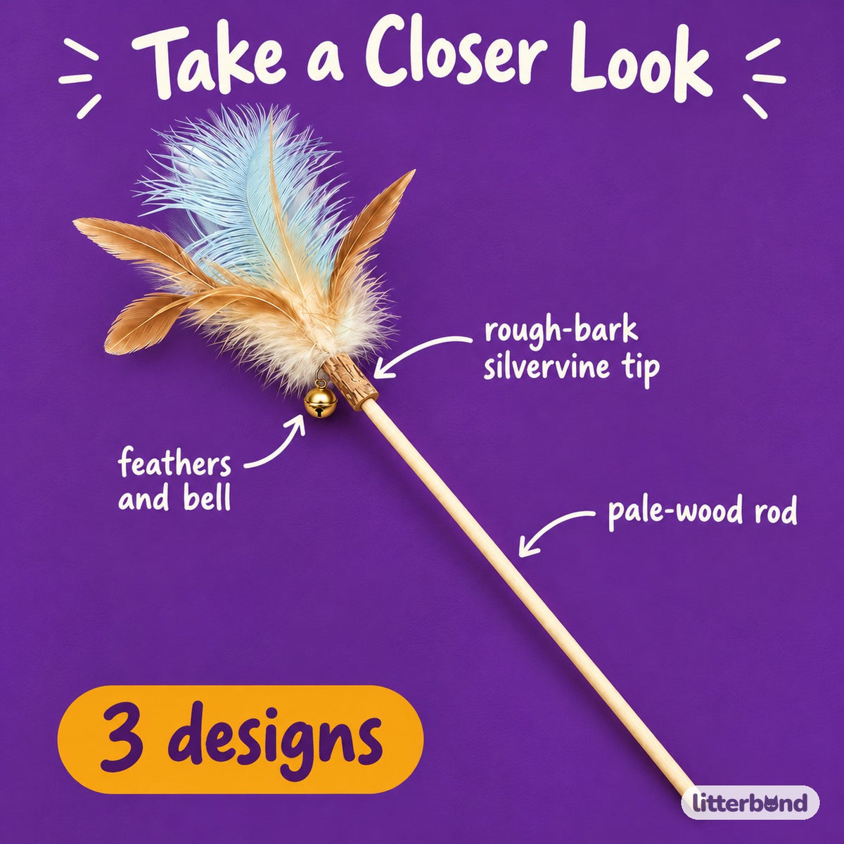 Silvervine Feather Teaser Wands - close-up details