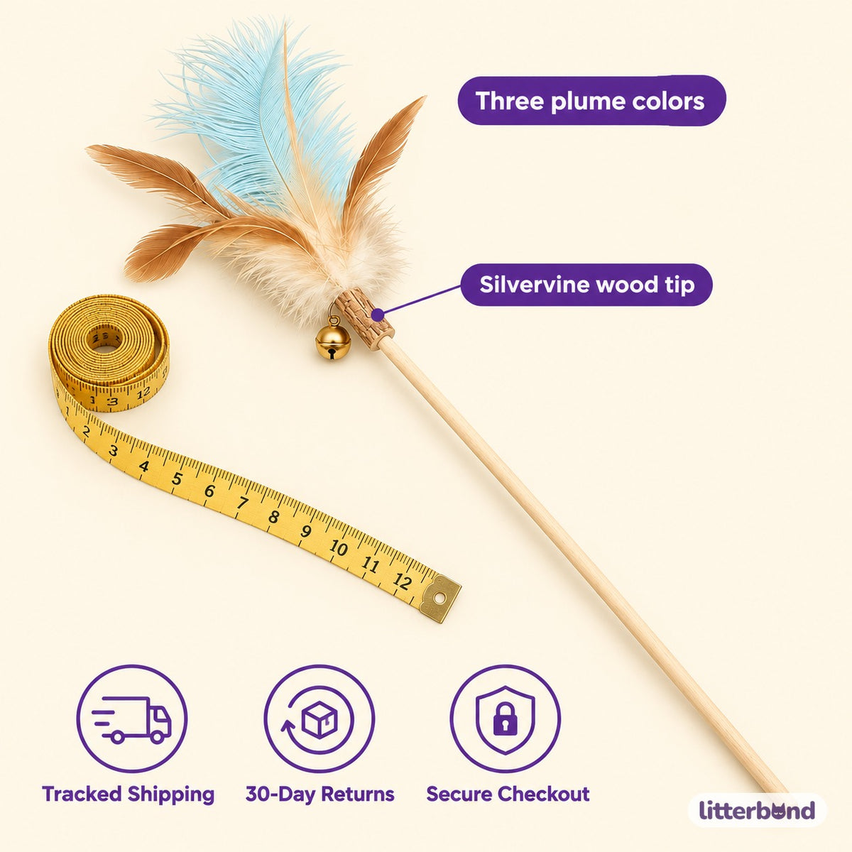 Silvervine Feather Teaser Wands - size and details