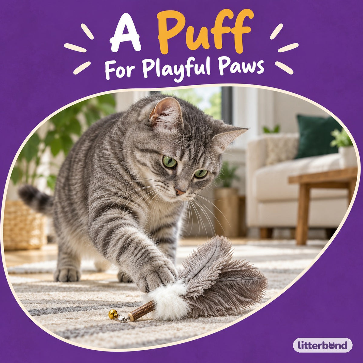 Silvervine Feather Puff Toy with a cat