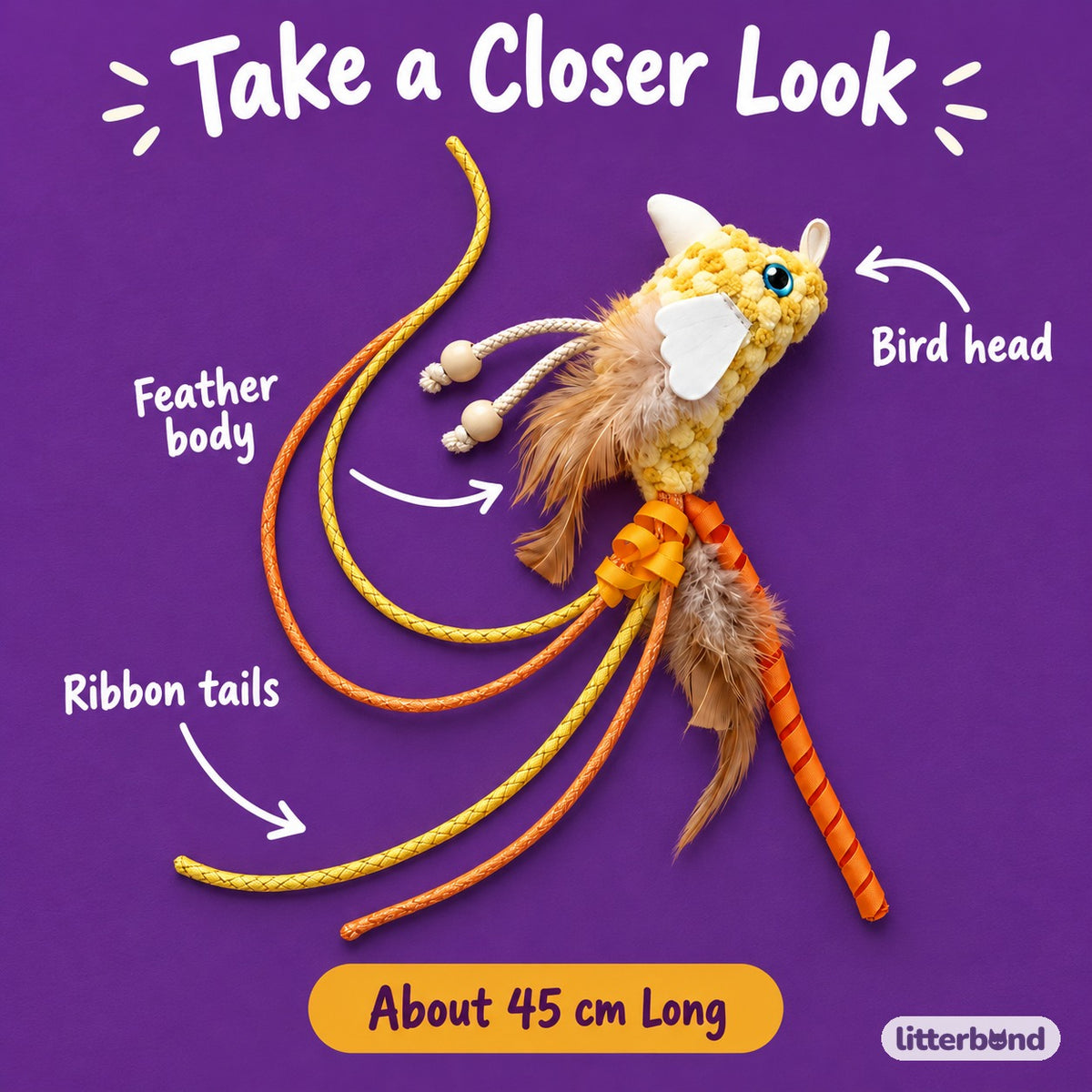 Long-Tail Bird Feather Toy - close-up details