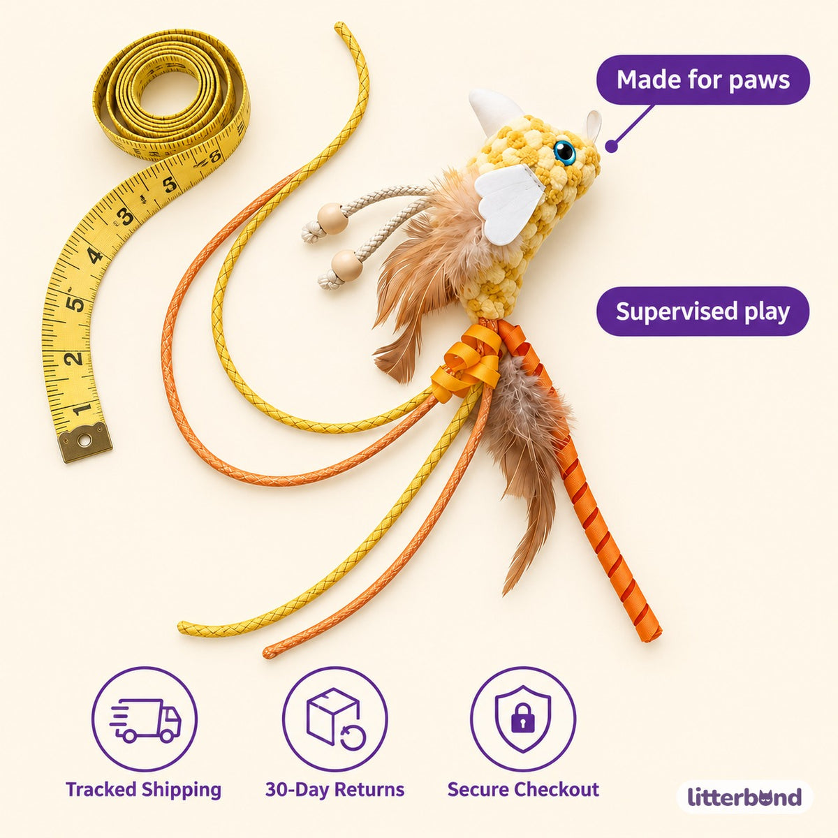 Long-Tail Bird Feather Toy - size and details