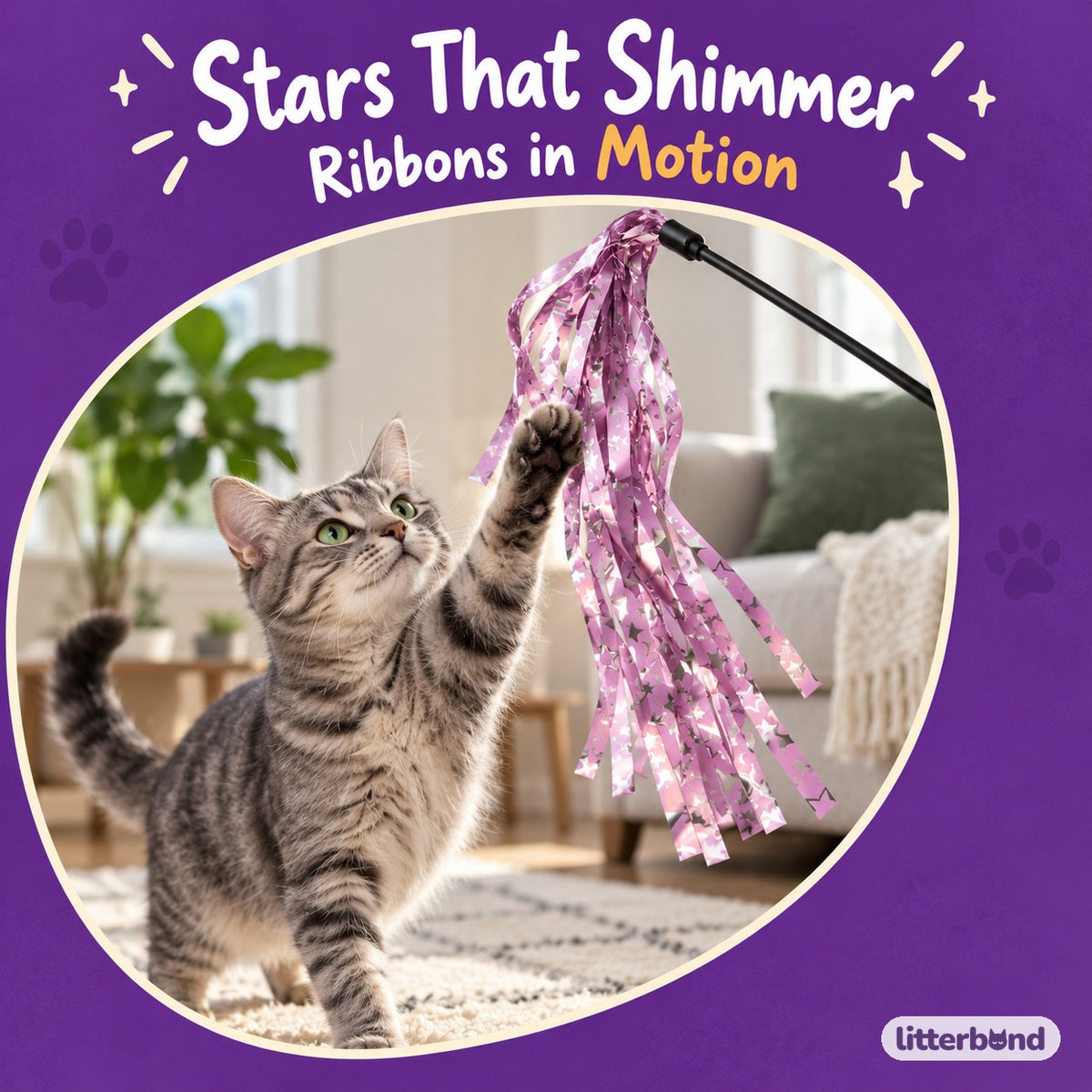 Shimmer Star Ribbon Wand with a cat