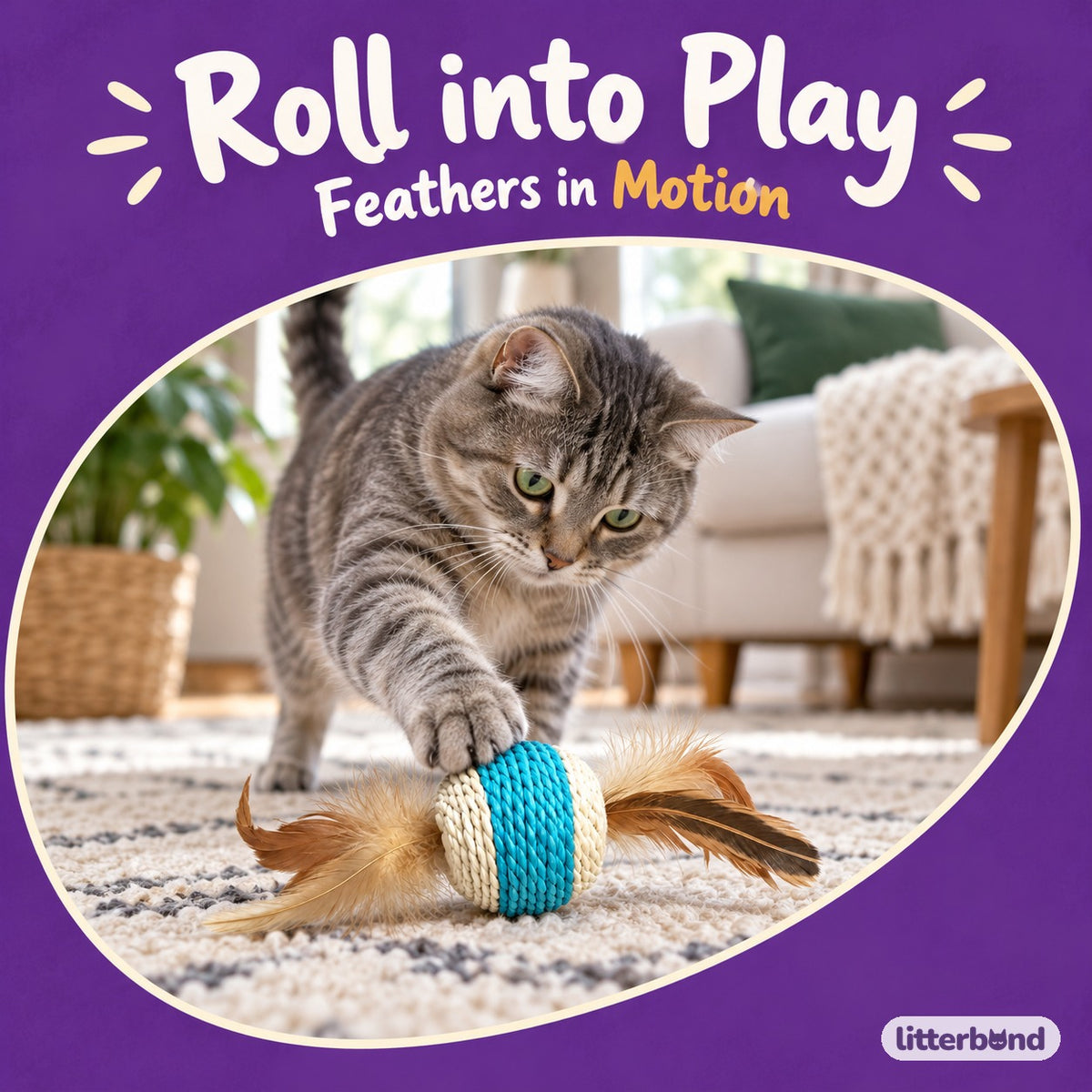 Blue & White Feather Rope Ball with a cat