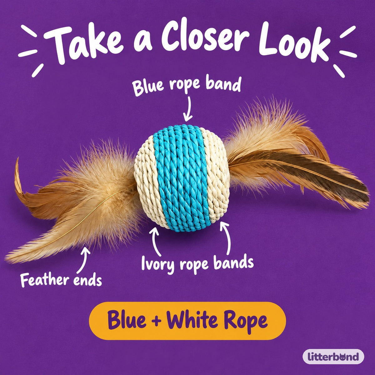 Blue & White Feather Rope Ball - close-up details