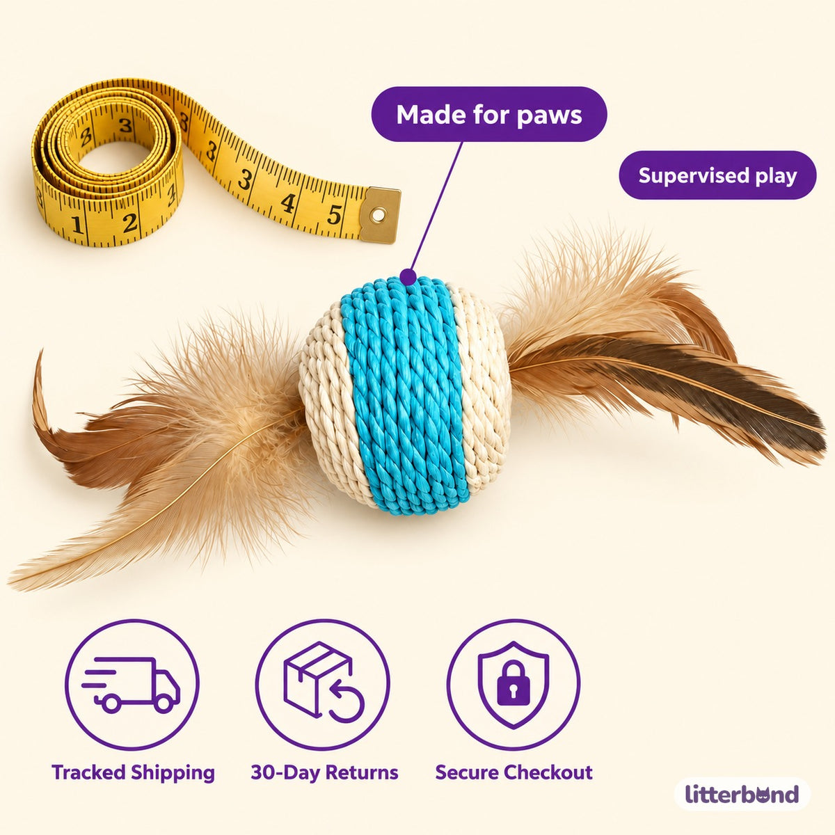 Blue & White Feather Rope Ball - size and details