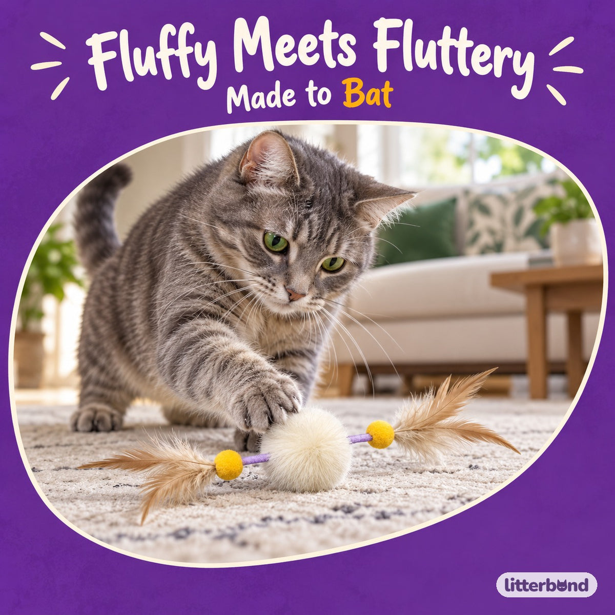 Rabbit Fur Feather Mesh Toy with a cat