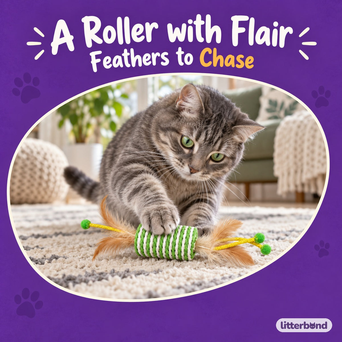 Green Stripe Feather Roller with a cat