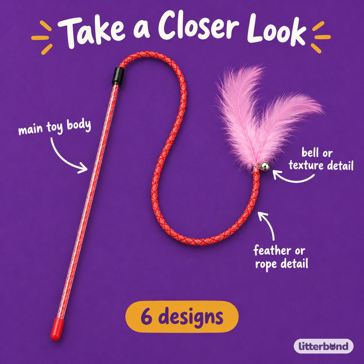 Elastic Feather Teaser Wands - close-up details