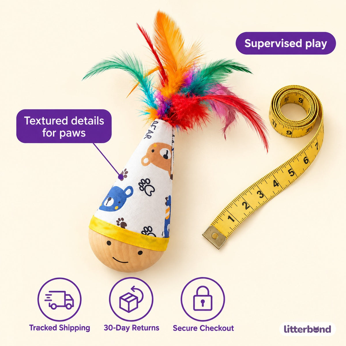 Feather Tumbler Cat Toy - size and details