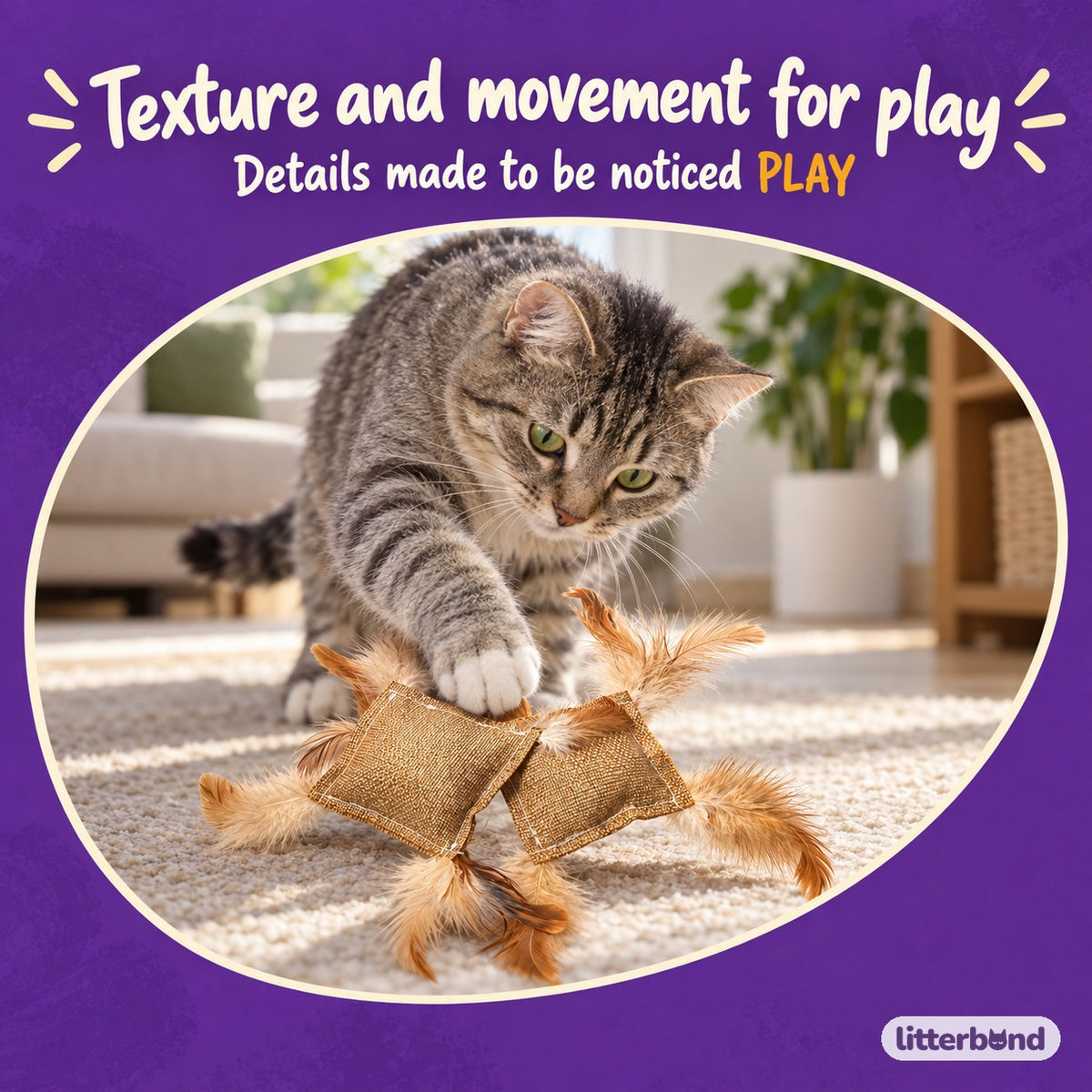 Burlap Feather Square Cat Toy with a cat