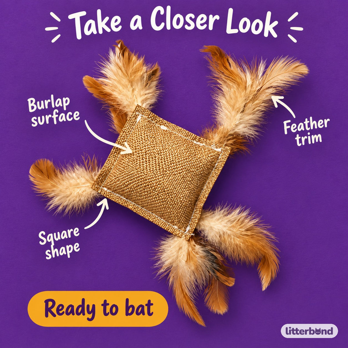 Burlap Feather Square Cat Toy - close-up details