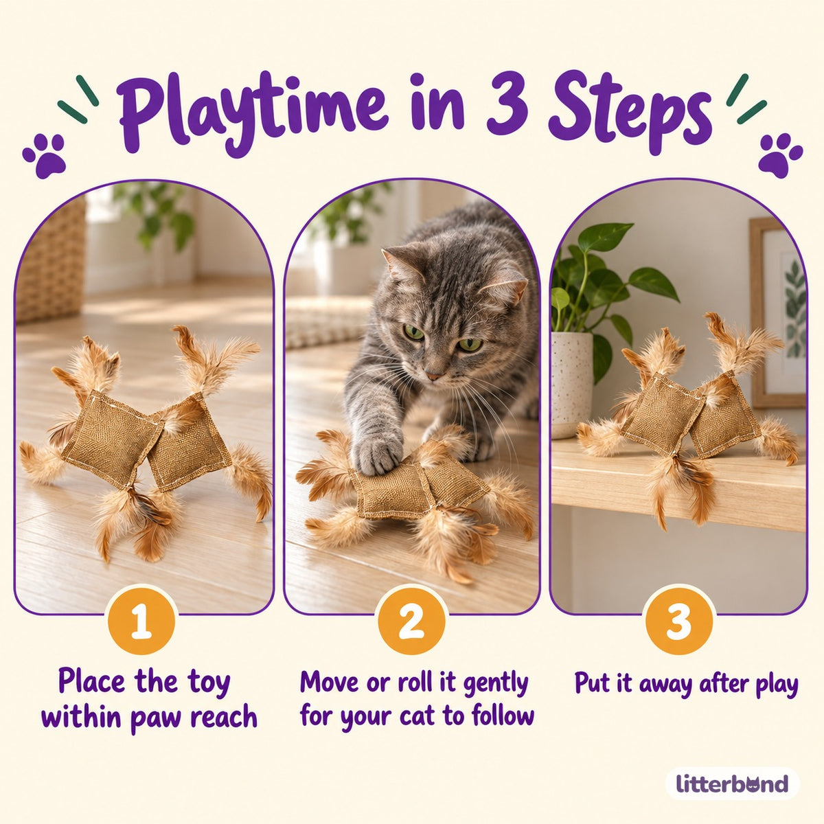 Burlap Feather Square Cat Toy - how to play
