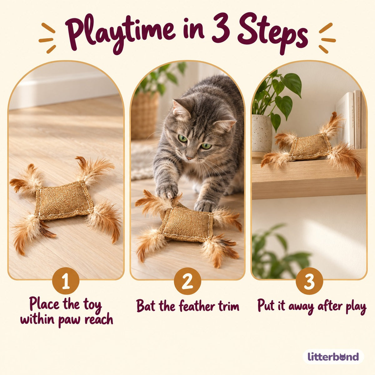 Burlap Feather Square Cat Toy - how to play