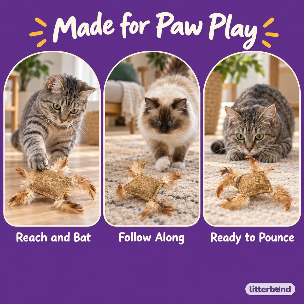 Burlap Feather Square Cat Toy - playtime at home
