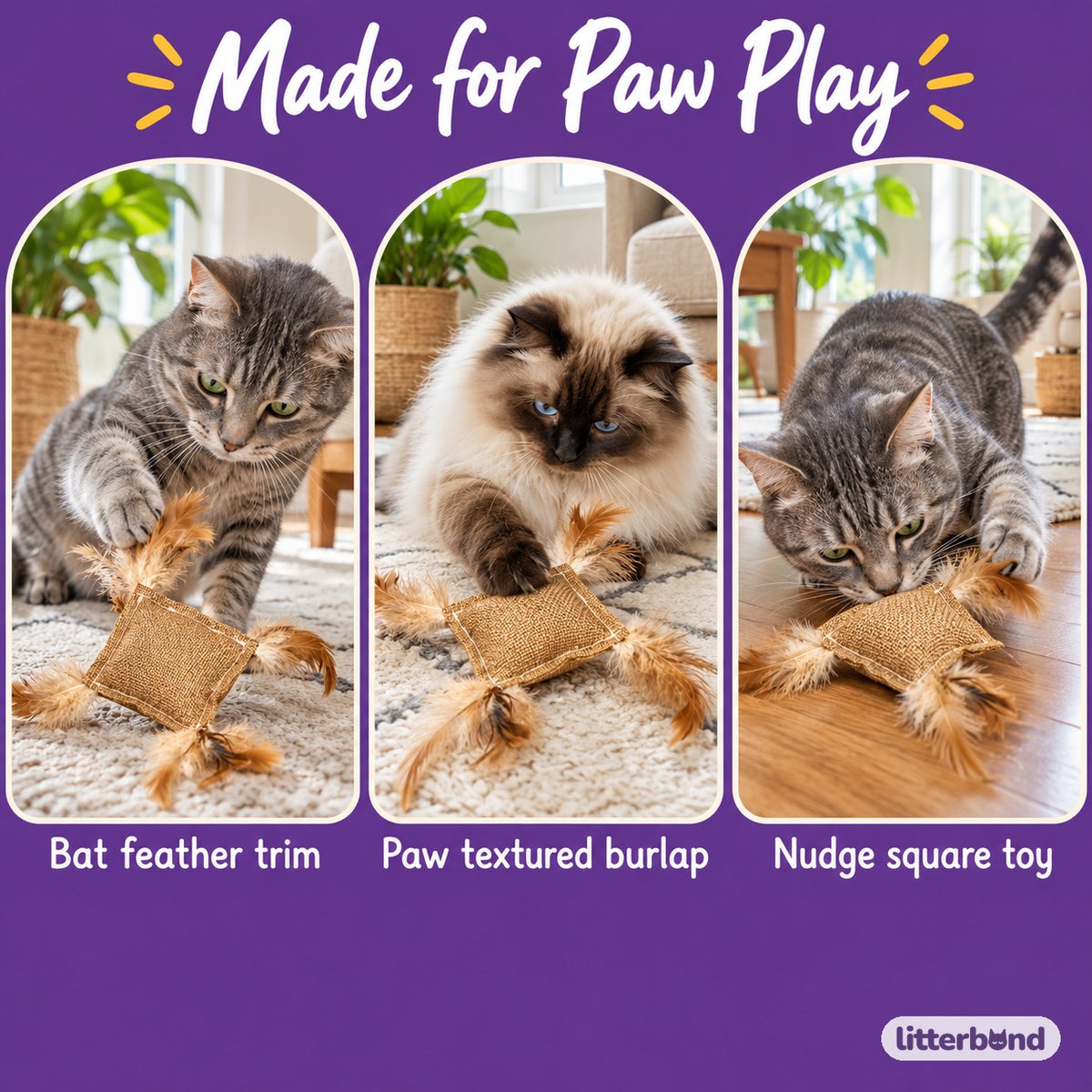 Burlap Feather Square Cat Toy - playtime at home