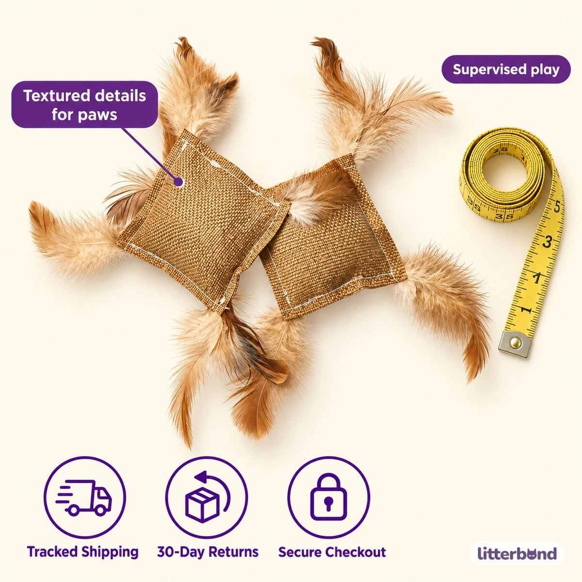 Burlap Feather Square Cat Toy - size and details