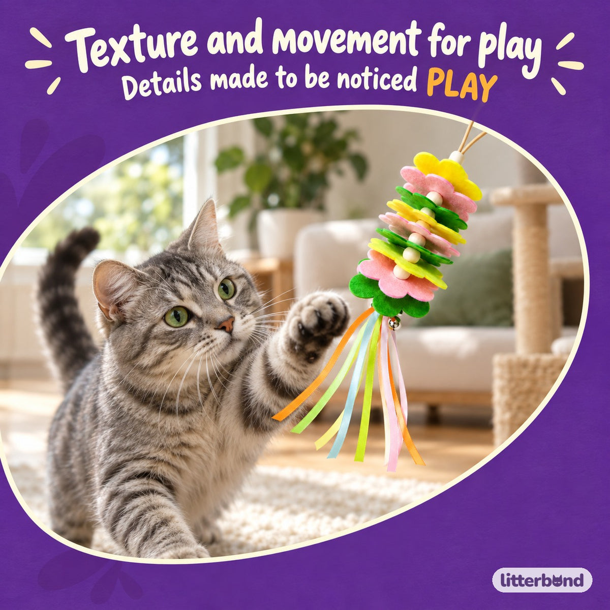 Felt Flower Teaser Wand with a cat