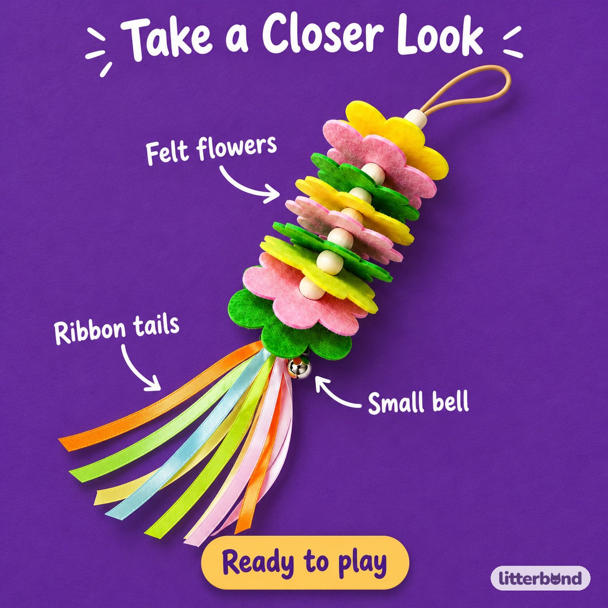 Felt Flower Teaser Wand - close-up details