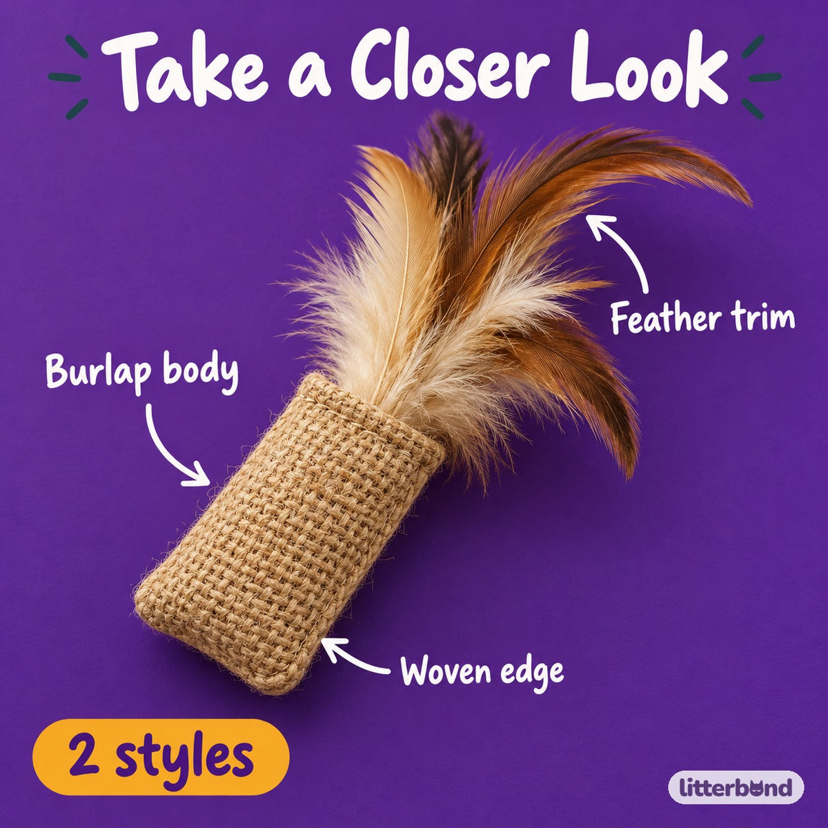 Burlap Feather Cat Toy - close-up details