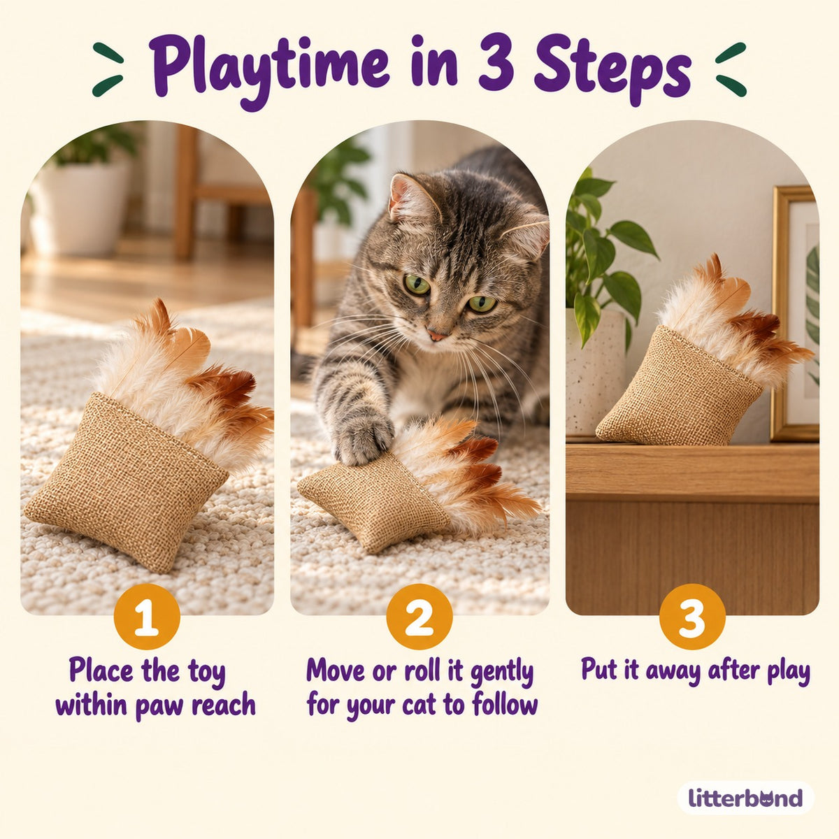 Burlap Feather Cat Toy - how to play