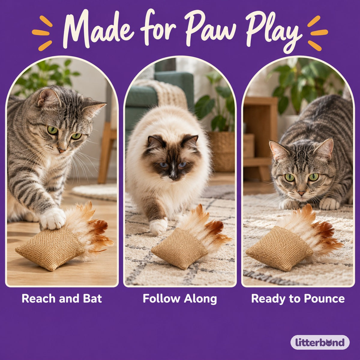 Burlap Feather Cat Toy - playtime at home