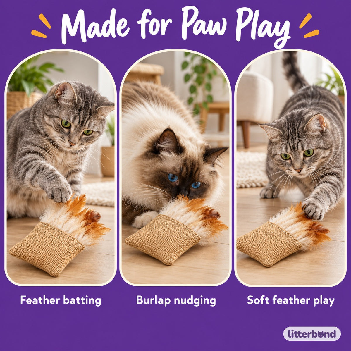 Burlap Feather Cat Toy - playtime at home