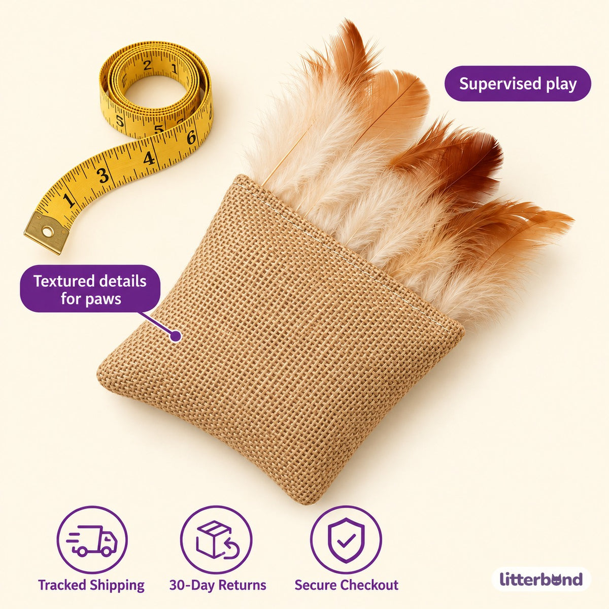 Burlap Feather Cat Toy - size and details