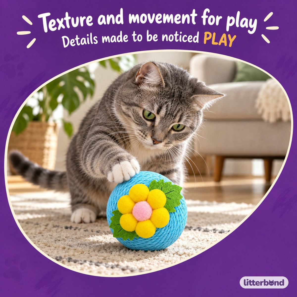Flower Paper-Rope Cat Balls with a cat