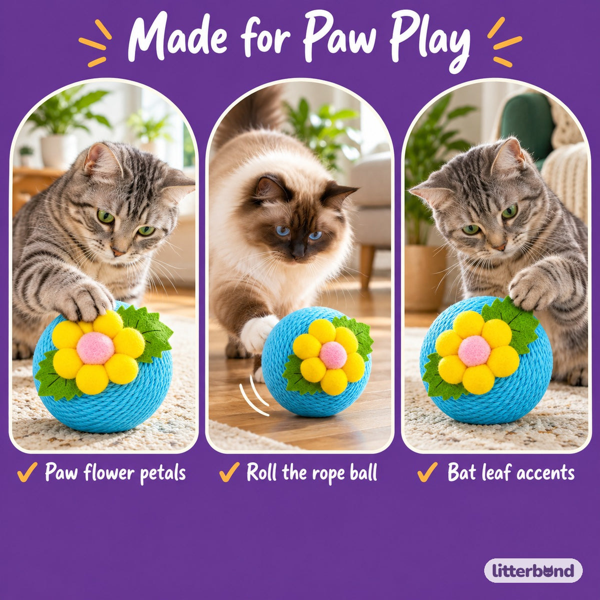 Flower Paper-Rope Cat Balls - playtime at home