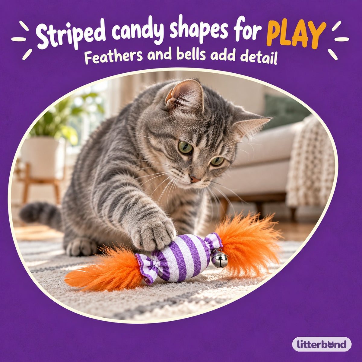Striped Candy Feather Trio with a cat