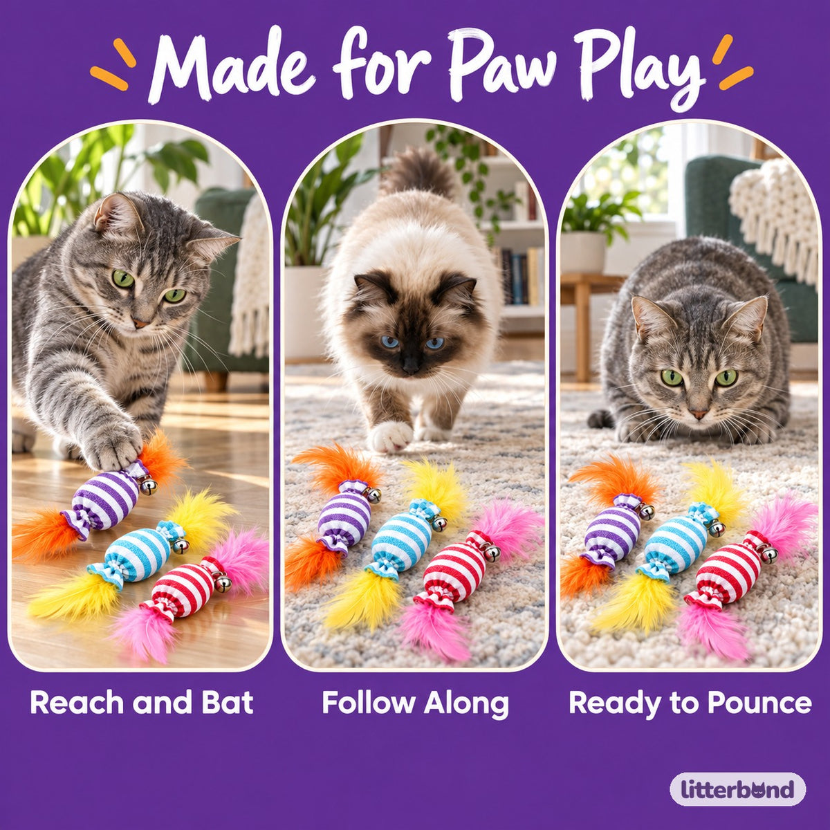 Striped Candy Feather Trio - playtime at home