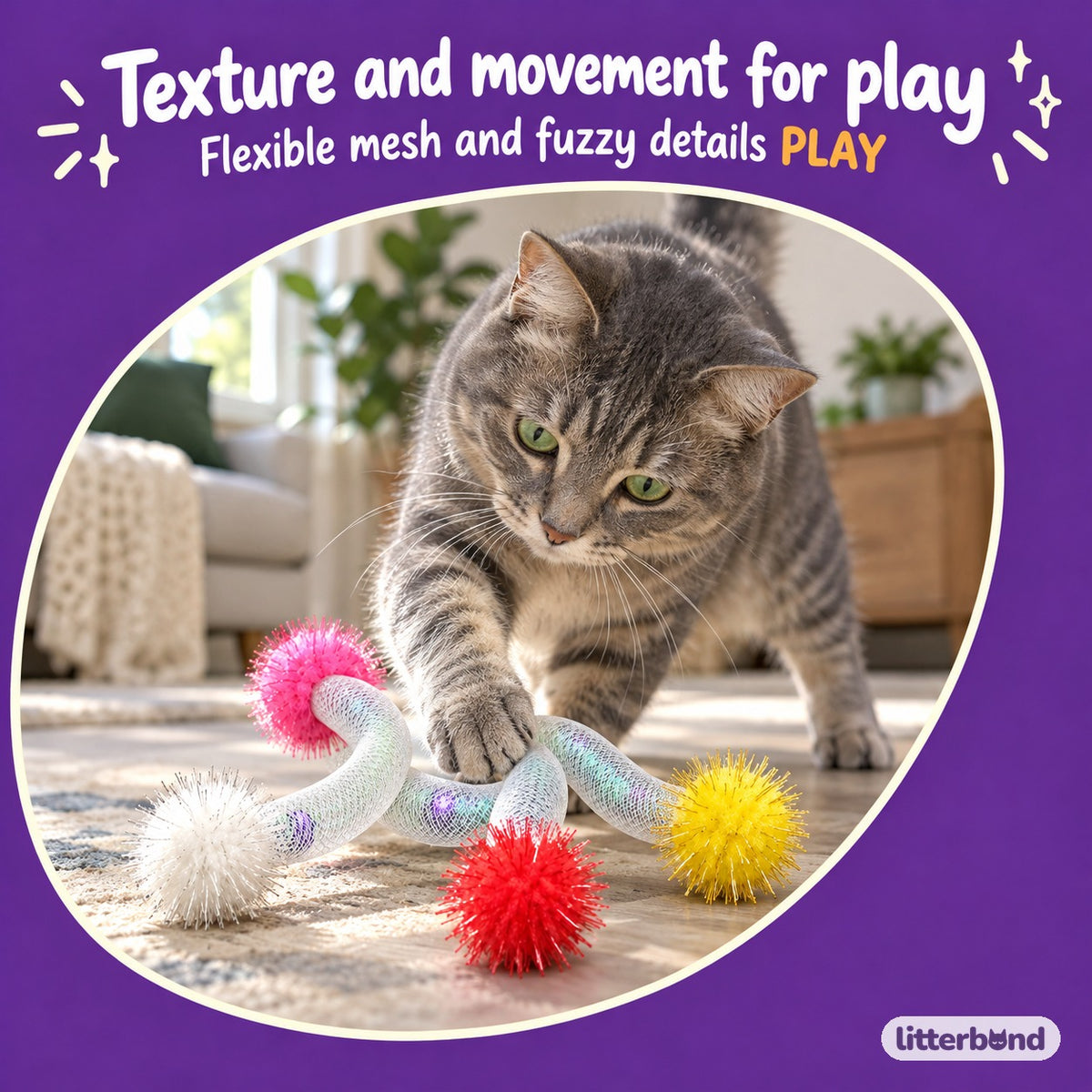 Iridescent Mesh Pom-Pom Toy with a cat