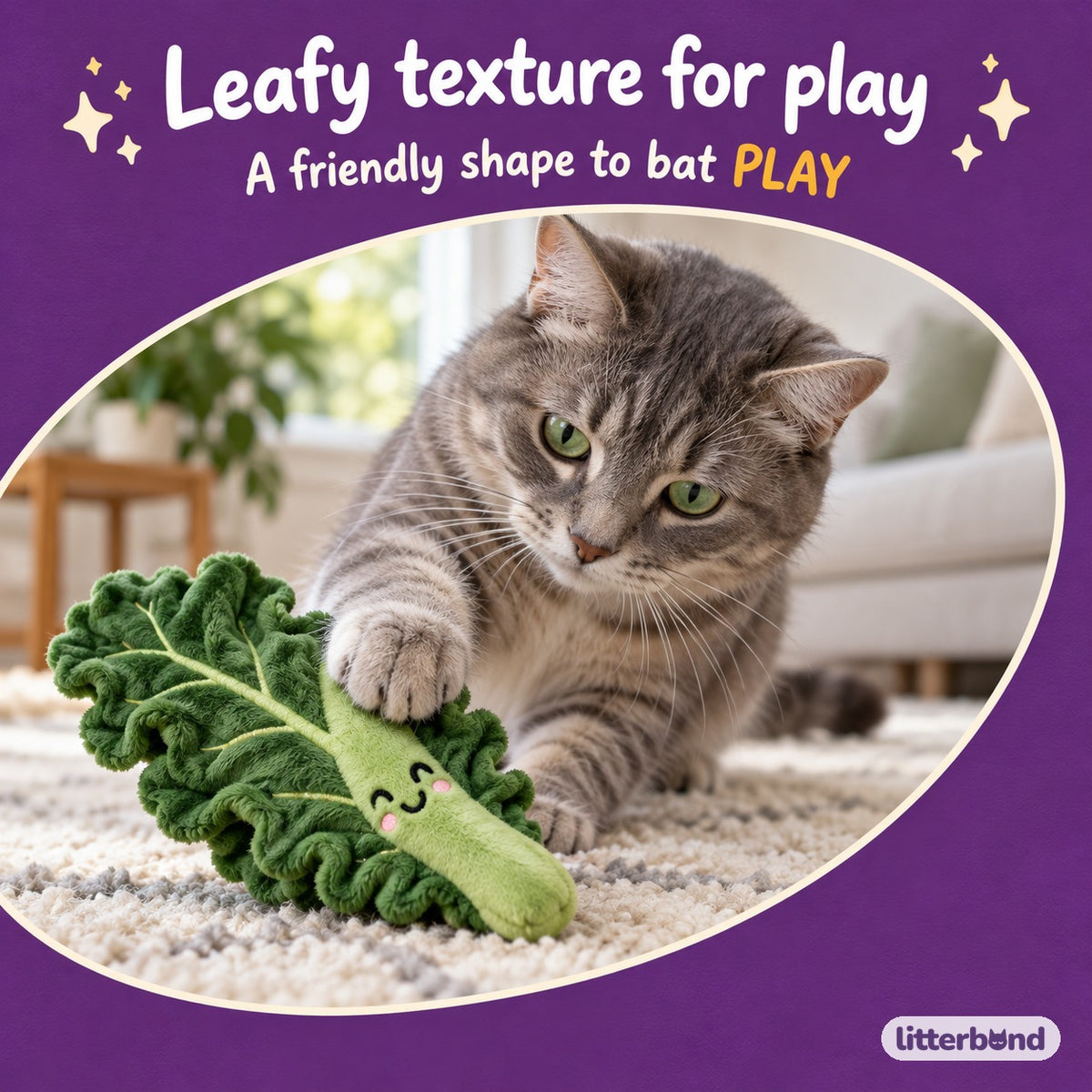Smiling Kale Leaf Plush Toy with a cat