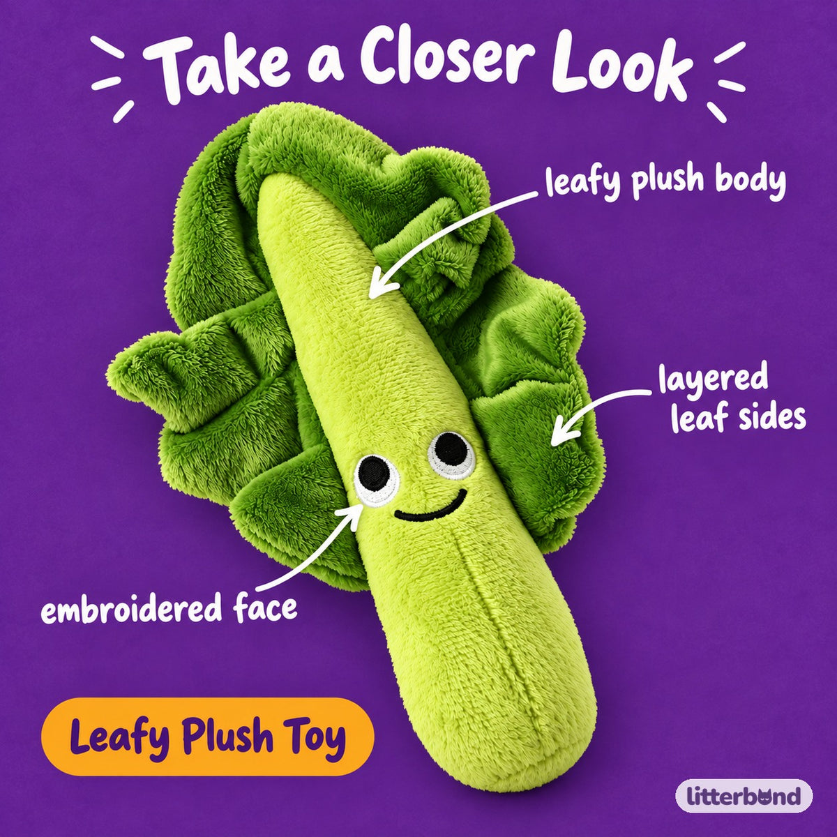 Smiling Kale Leaf Plush Toy - close-up details